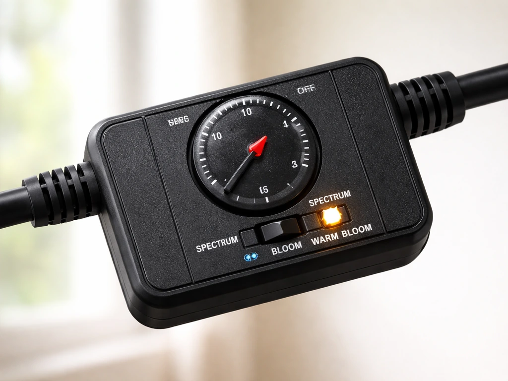 Close-up of an in-line grow light timer with dial set and spectrum switch set to a light mode.