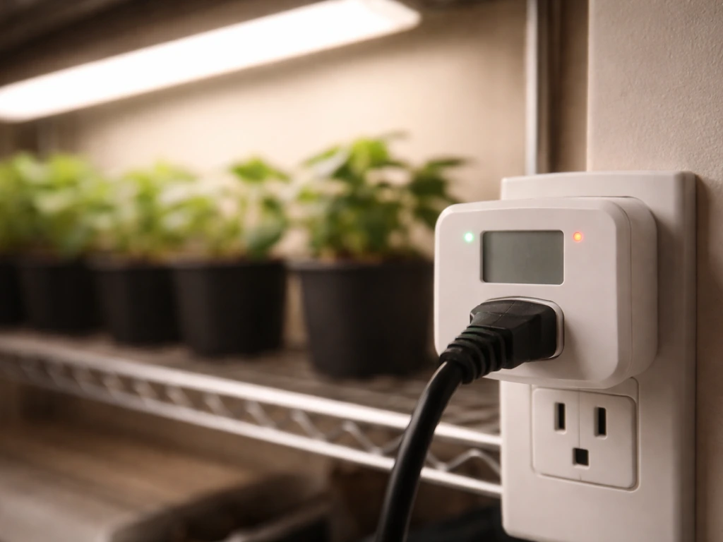 Close-up of a wall outlet and a smart plug timer controlling a grow light near an indoor plant shelf.