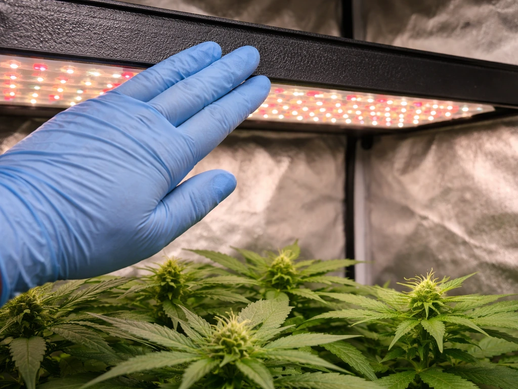 Gloved hand lightly checks an LED grow light housing is warm, with clear space above plants.