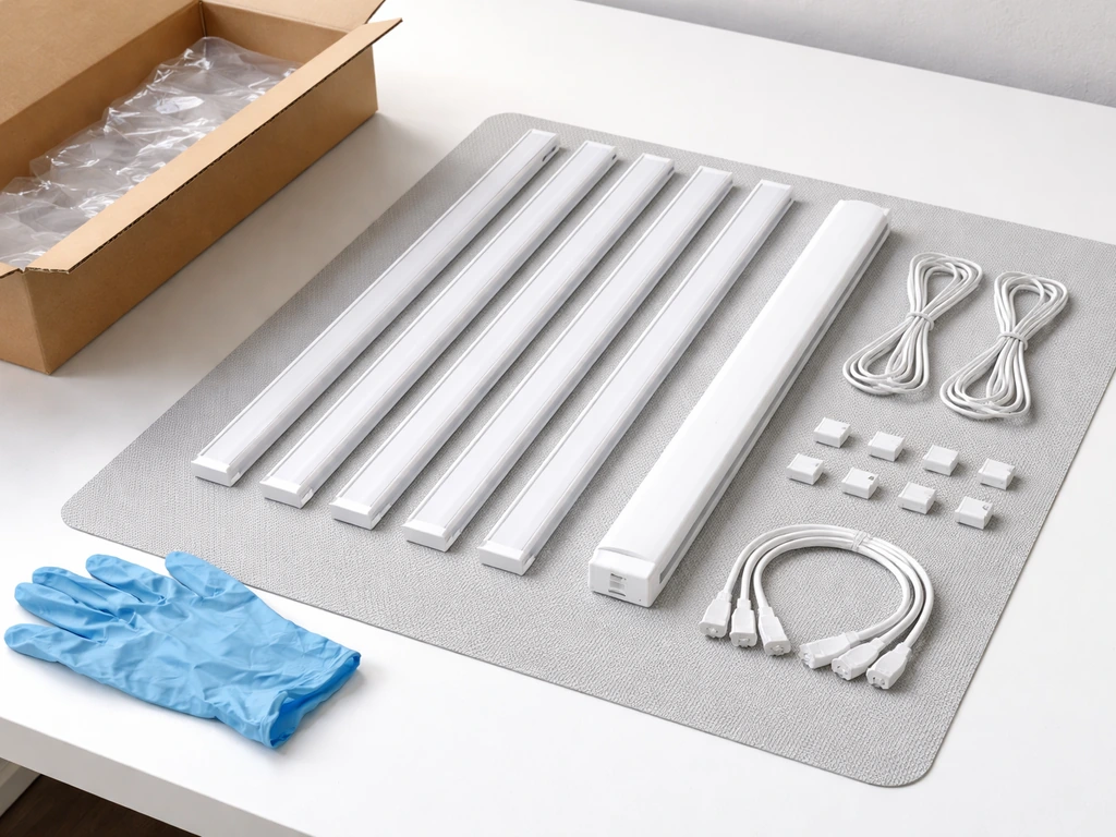 Unboxed LED fixture parts laid out neatly on a clean work surface with gloves nearby.