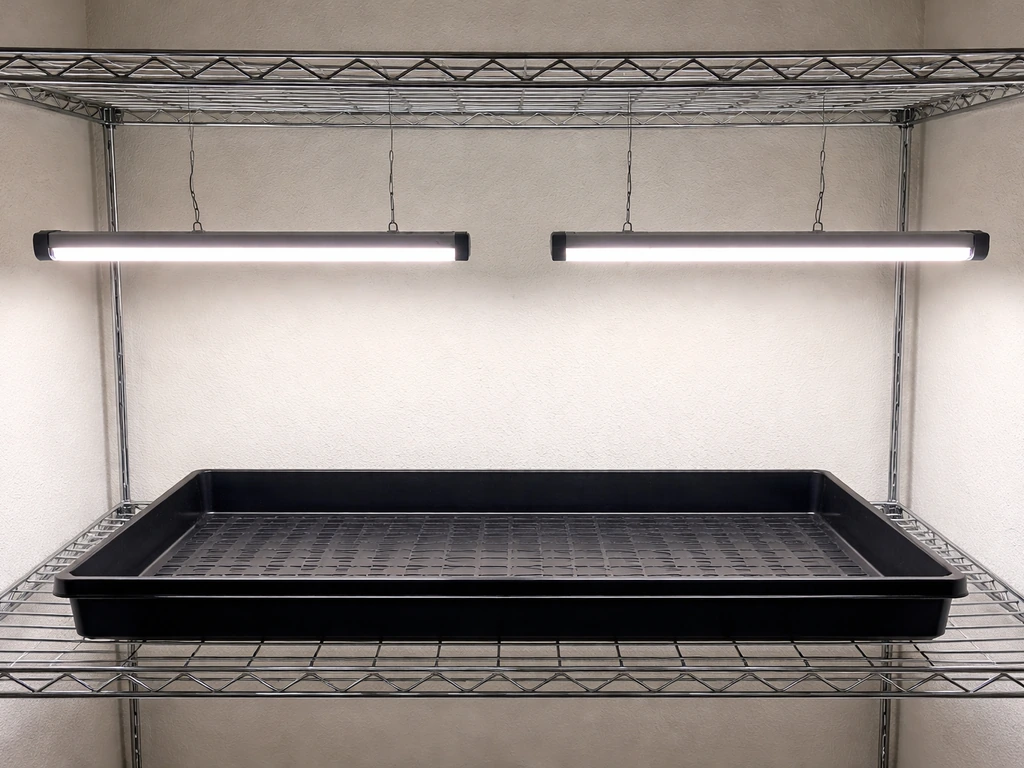 Two centered 4-foot LED grow bars mounted over a 2ft x 4ft shelf for even edge coverage.
