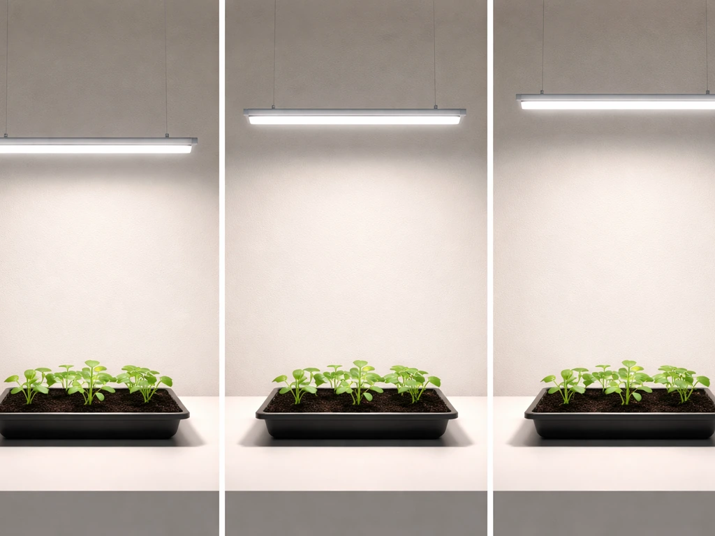 Three heights of an LED grow light bar over a seedling tray, showing brightness changes with distance.