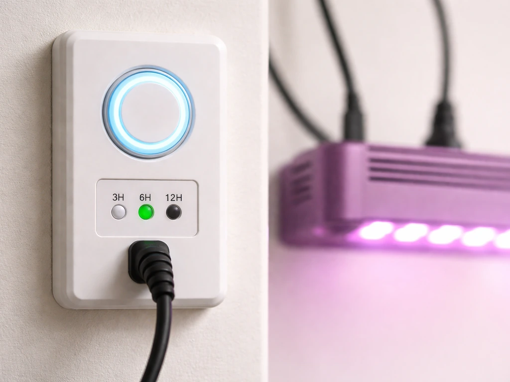 Close-up of a CRO24H control panel showing the cycle timer setting beside a grow light fixture