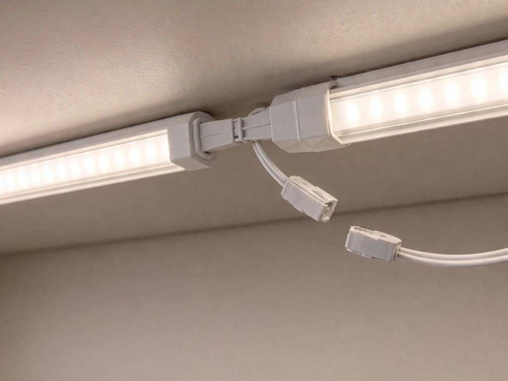 Close-up of daisy-chained LED bars with one segment dimmer, showing connector and cable between bars.