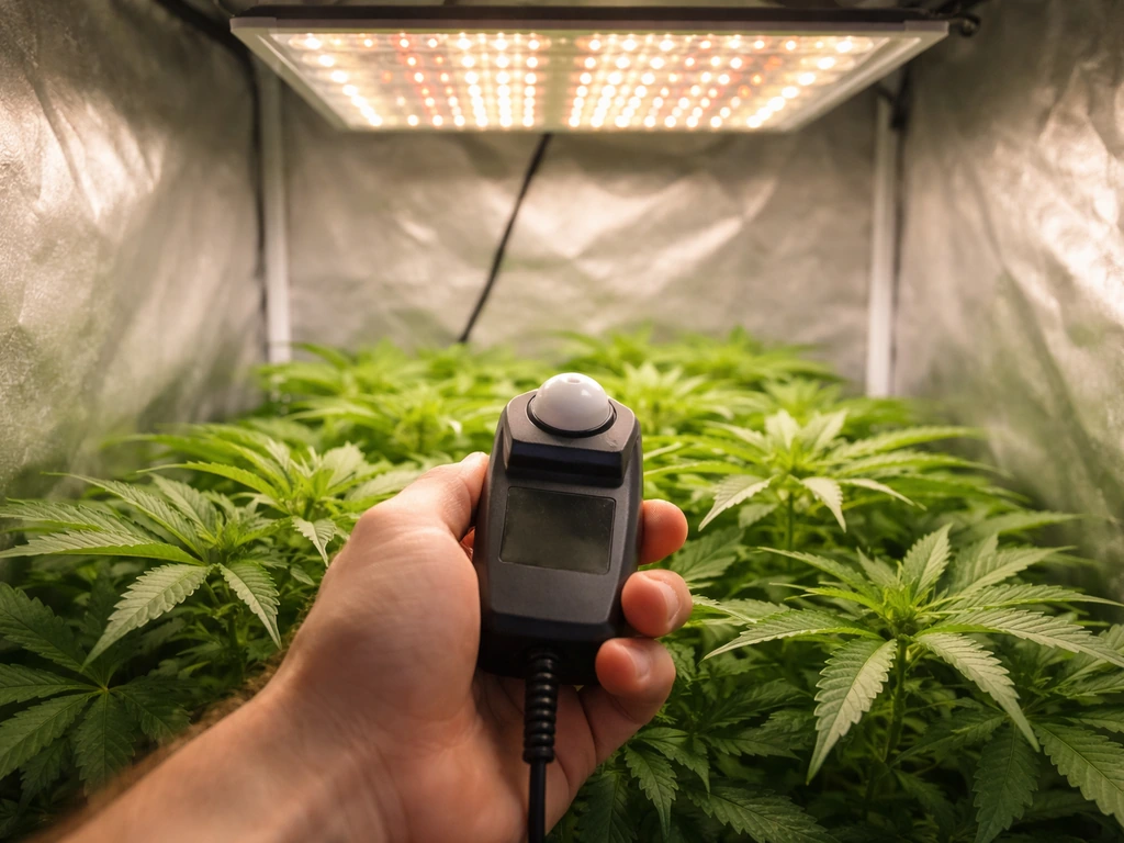 Hand holding a PPFD sensor beside an LED grow light shining on an indoor plant canopy