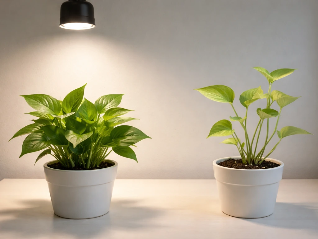 Two potted indoor plants: one under strong LED light looks compact, the other farther away looks leggy.