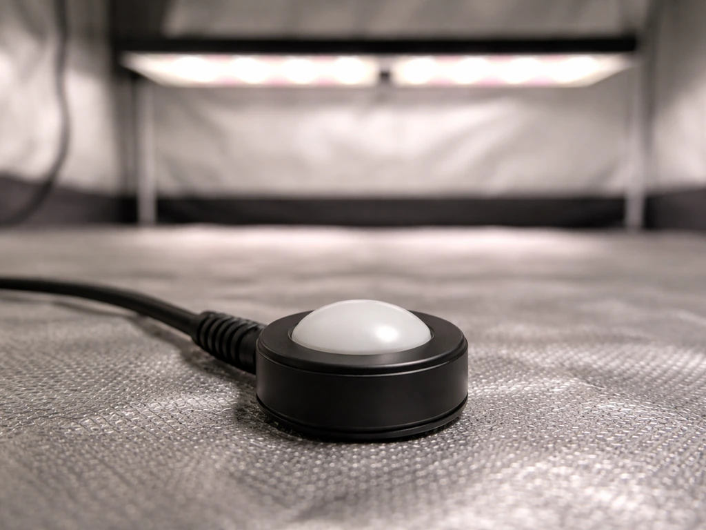 Quantum PAR meter sensor head flat at canopy height with an LED grow light blurred behind