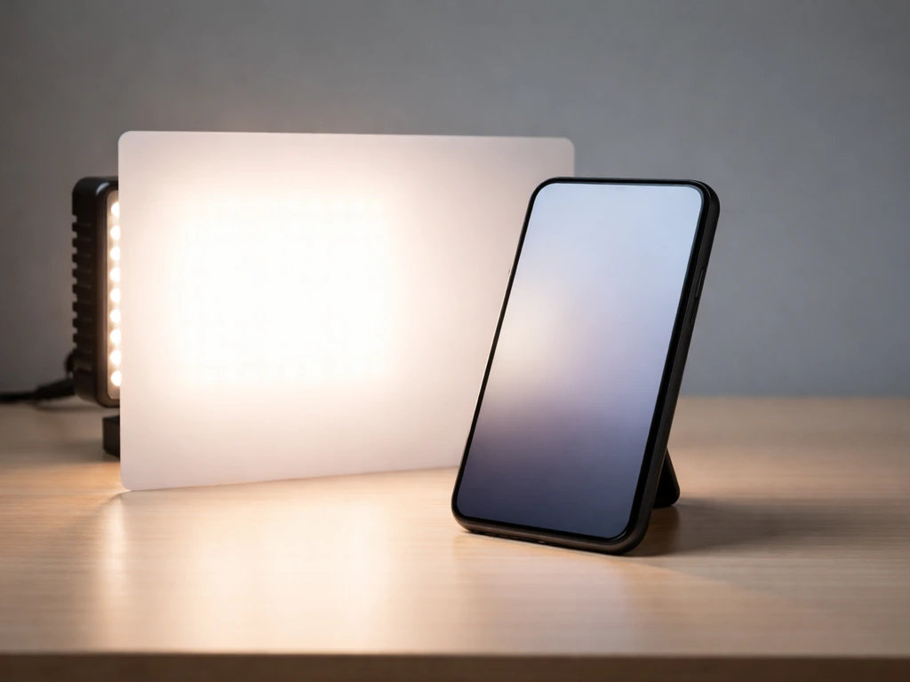 Smartphone measuring PPFD app light from an LED grow light through a diffuser card