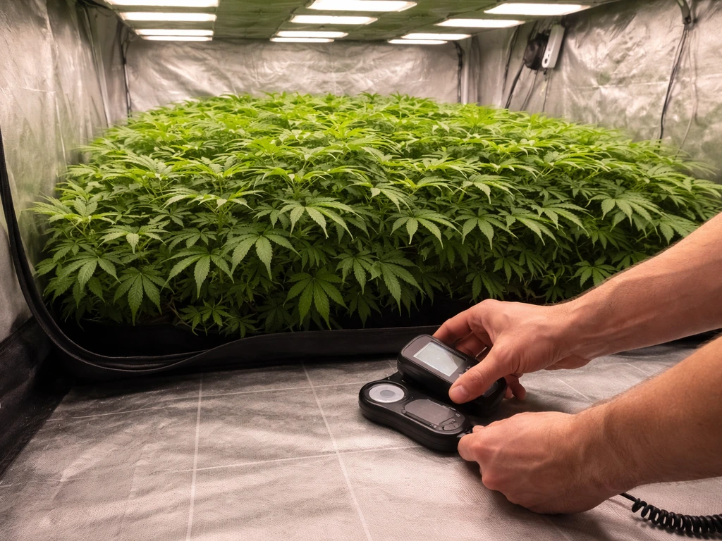 Handheld light meter moved across a grow tent floor grid under grow lights