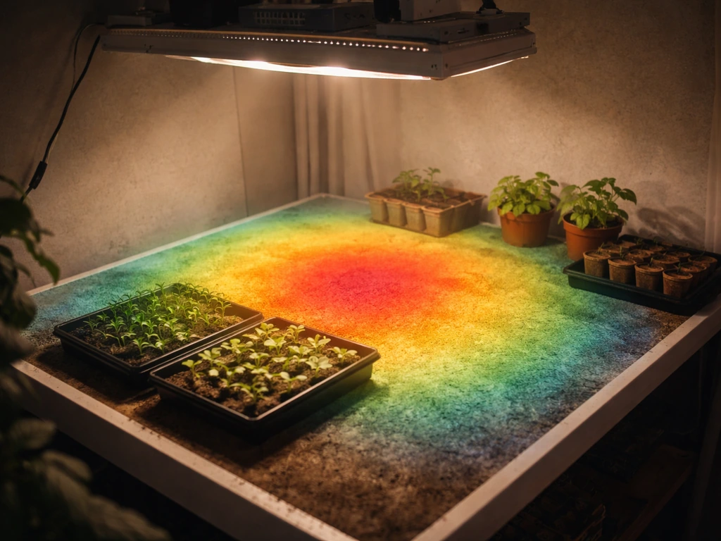 Minimal view of a grow light area with a PPFD-like heatmap overlay showing brighter and dimmer zones