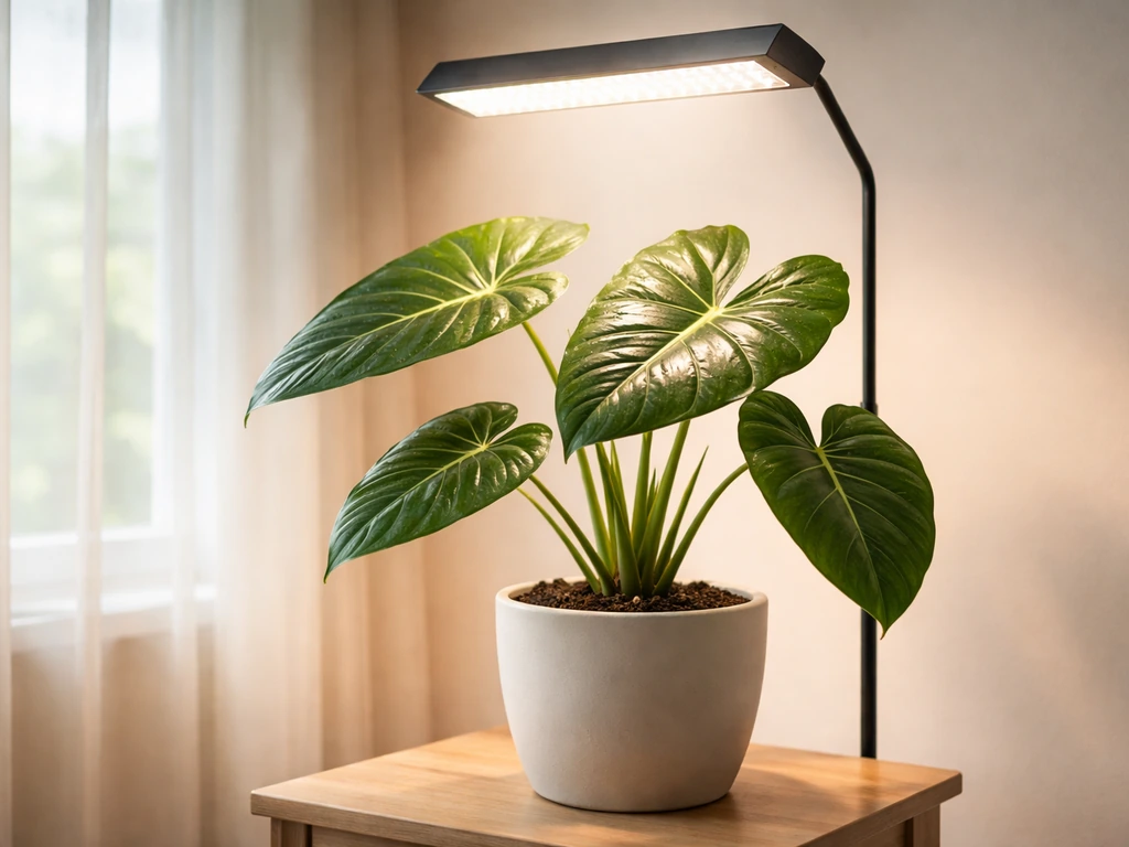 Healthy indoor alocasia leaves positioned under a grow light with natural window light in the background.