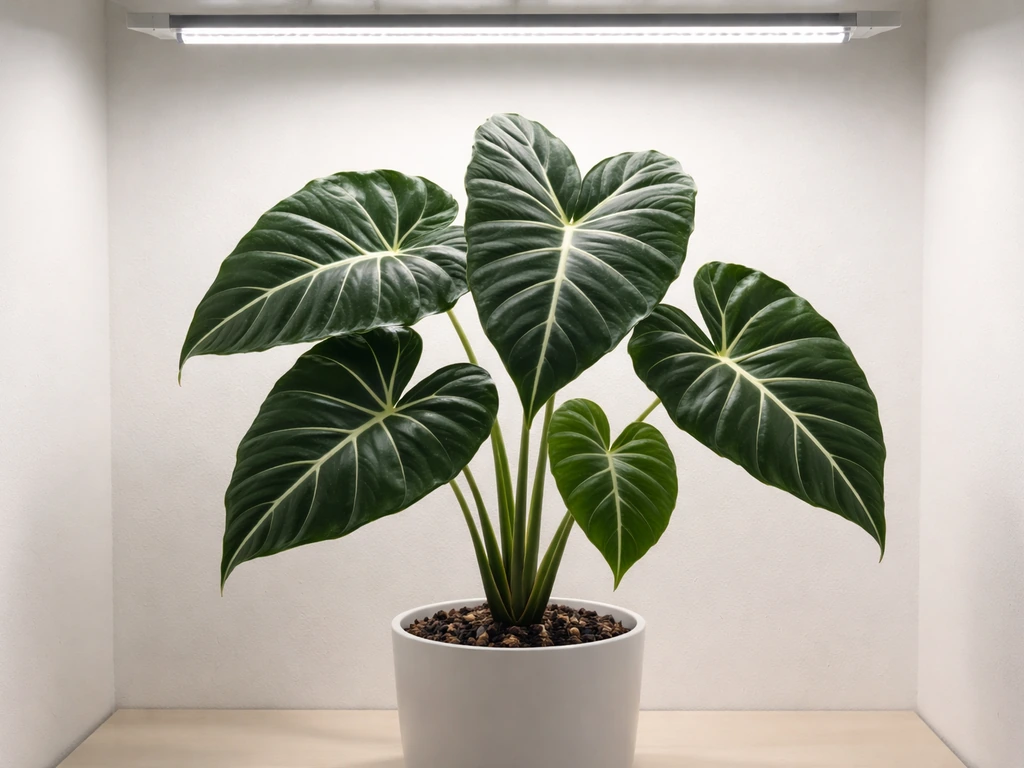 Full-spectrum LED grow light bar glowing over an Alocasia in a simple indoor setup.
