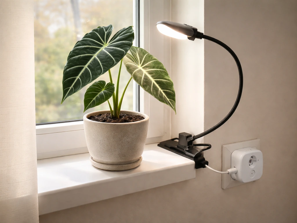 Alocasia by a window with a plug-in timer controlling a small grow light during daytime.