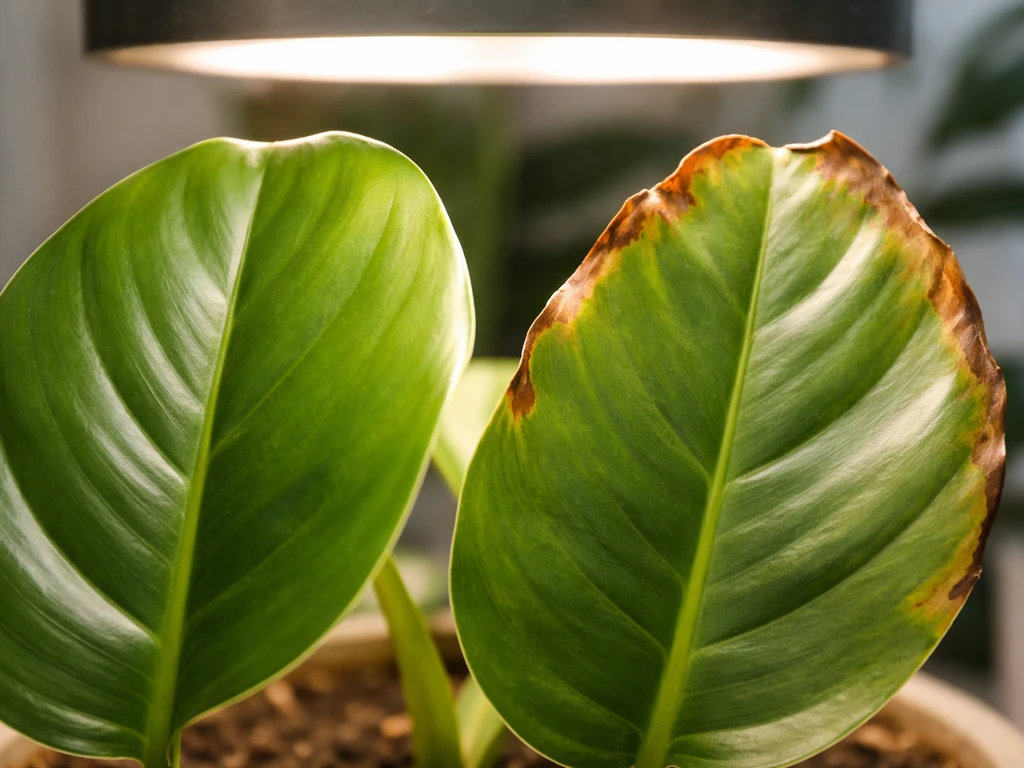 Close-up of a plant leaf showing healthy green edges next to brown crispy tips under a lowered grow light