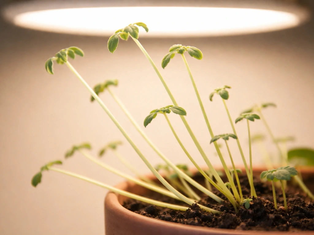 Close-up of a plant with long, thin stretched stems and small leaves under a grow light.