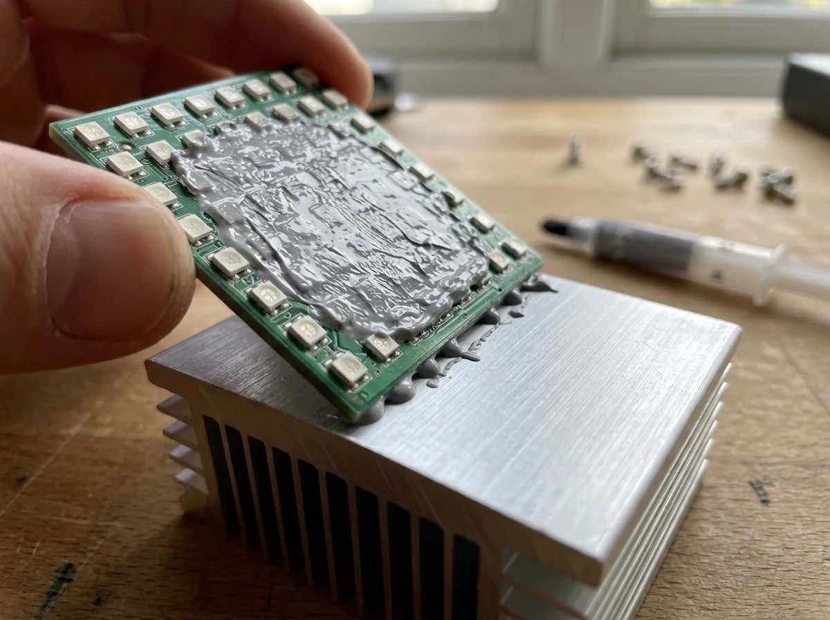 Cooling and heat management: thermal paste and heatsink contact under an LED board