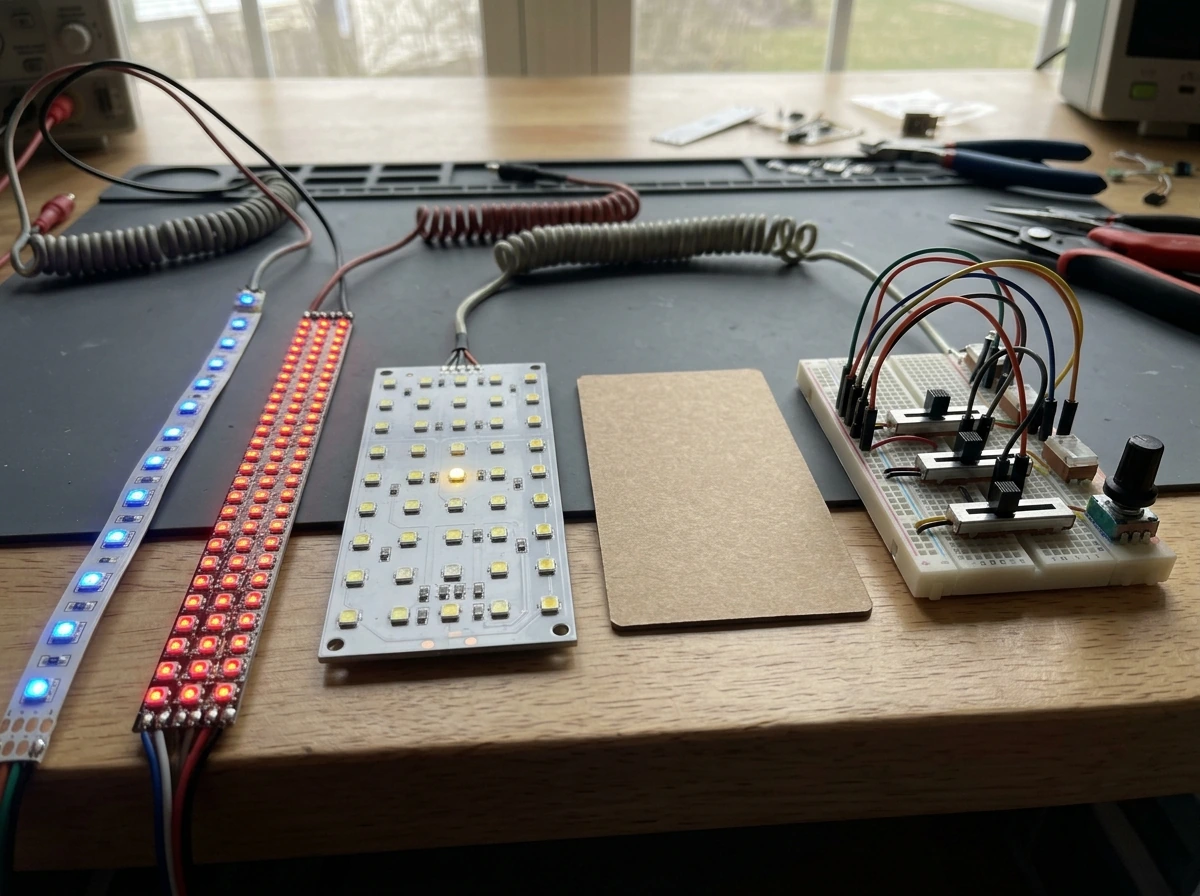 Spectrum tuning: mixing red/blue/white LED channels on a work surface