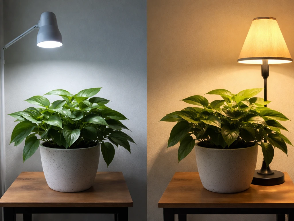 Leafy plant lit by an LED grow light versus a regular household bulb, showing uneven canopy lighting.