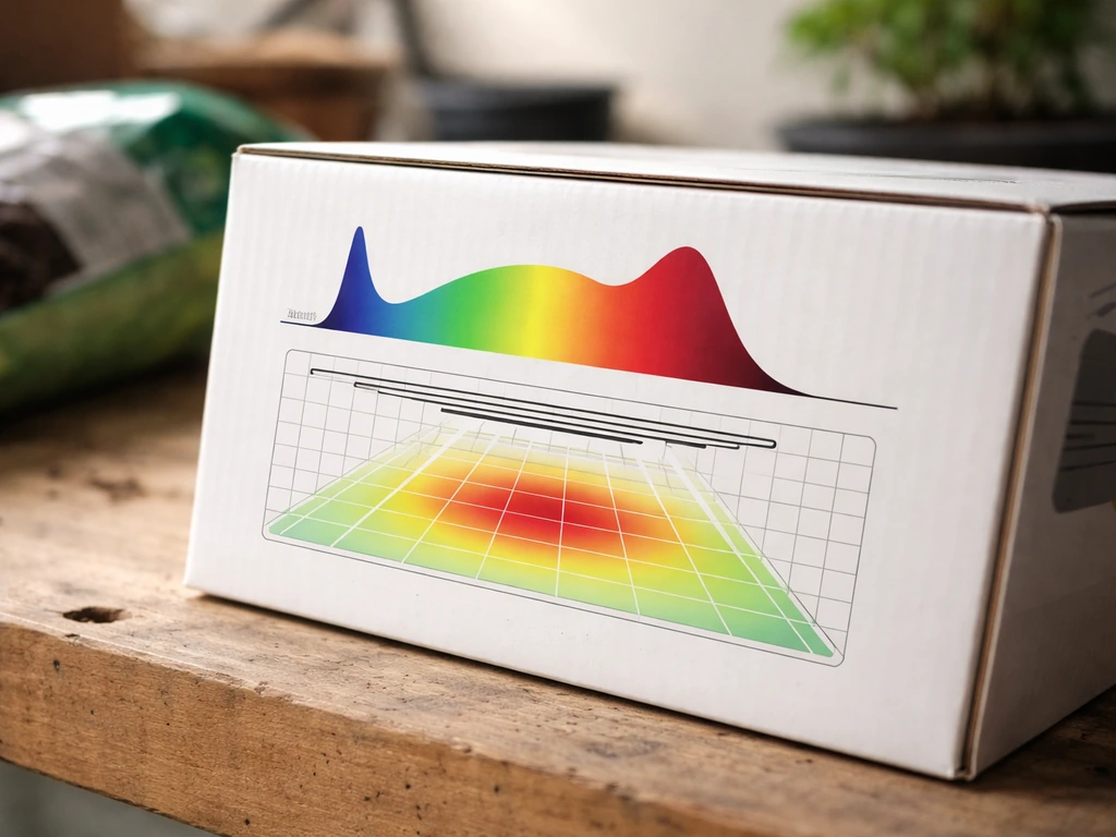 Close-up of grow light packaging showing a spectrum and PPFD-style readout concept on the box