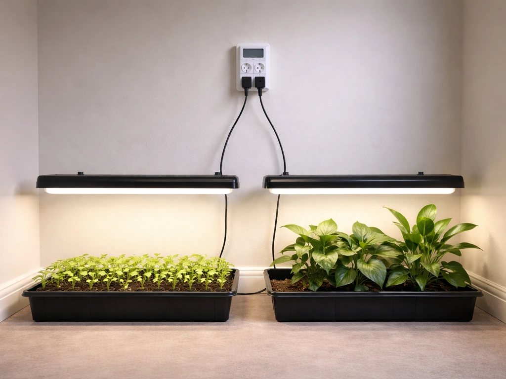 Indoor grow lights with an outlet timer/dimmer controlling two trays: seedlings and leafy houseplants