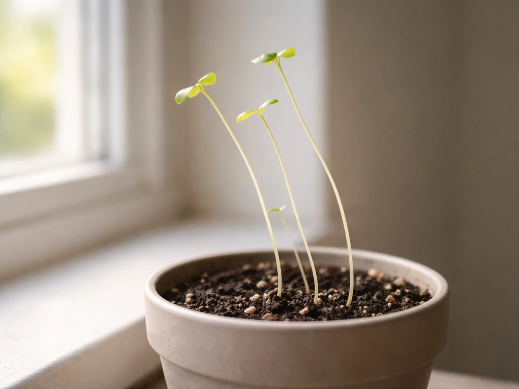 Potted seedlings with stretched, weak stems and sparse leaves near a bright window.