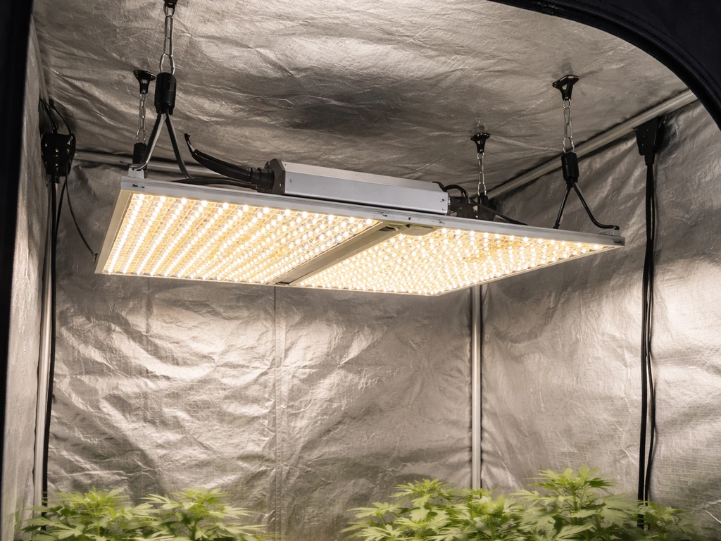VIVOSUN VS4000 grow light hanging in a 4x4 tent with visible driver box and dimming knob