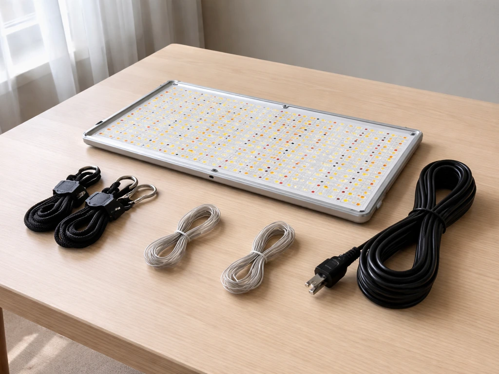 LED grow light panel with rope hangers, power cord, and RJ11 cables laid out on a clean table
