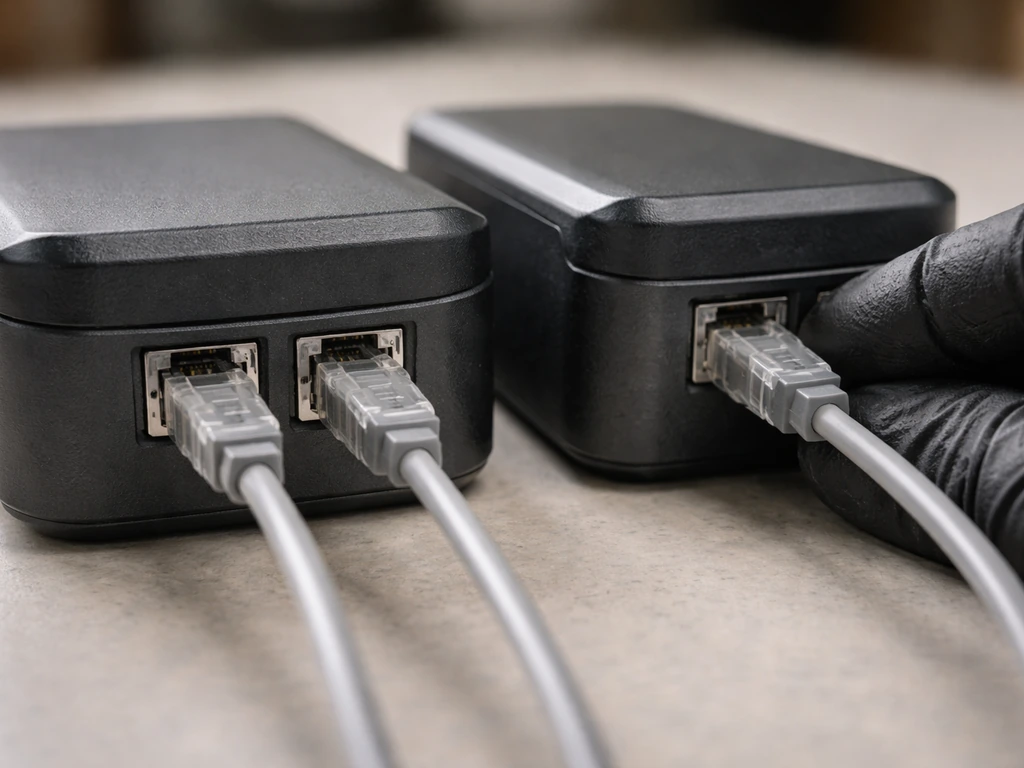 Close-up of RJ11 connectors clicked into place on two VS4000-style driver boxes, multi-unit wiring setup