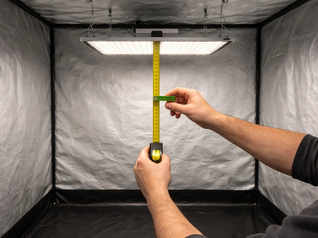 Hands using a tape measure and level inside a 4x4 grow tent to set the LED light height.