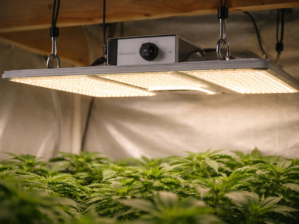 VS4000 grow light dimmer knob set around 30–40% above a leafy plant canopy in a simple grow room.