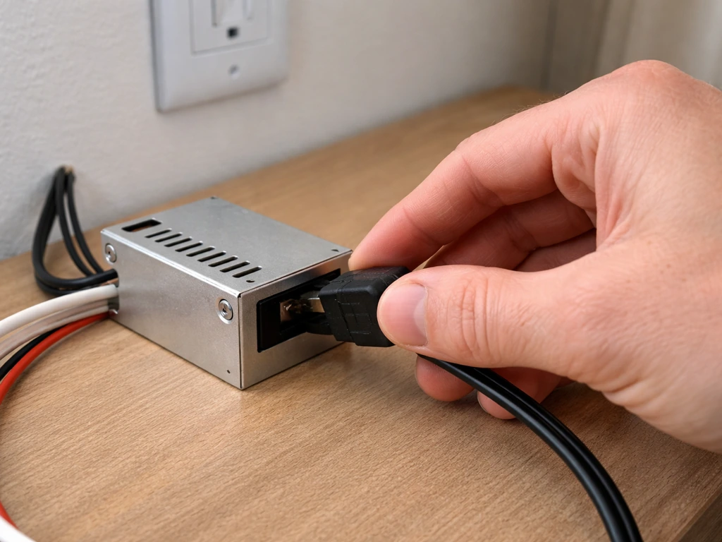 Hand reseating a power cord into a light fixture driver box with the outlet area in view.