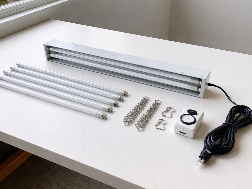 Components of a T5 grow light setup laid out on a clean workbench: fixture, tubes, hang kit, timer, and power cord.