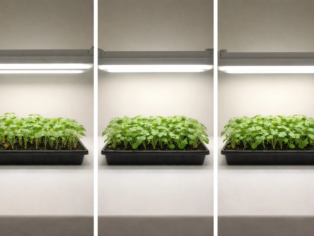 Three side-by-side T5 setups showing too-high, correct, and too-close light distances over seedlings.