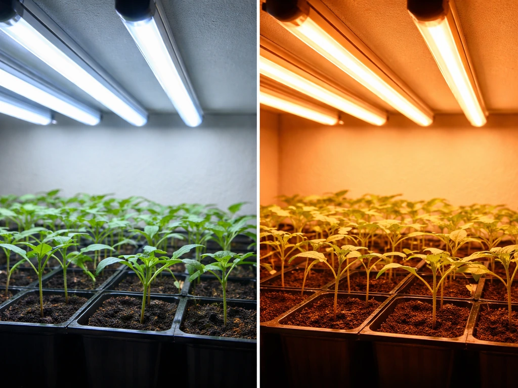 Two rows of plant grow lights showing cool 6500K blue-white vs warm 3000K amber light on seedlings.