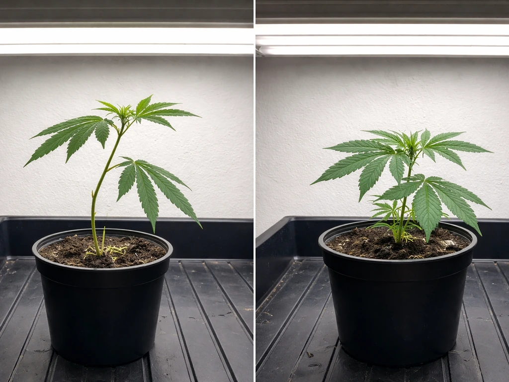 T5 grow tray showing leggy stretched growth and corrected compact growth after lowering the light.