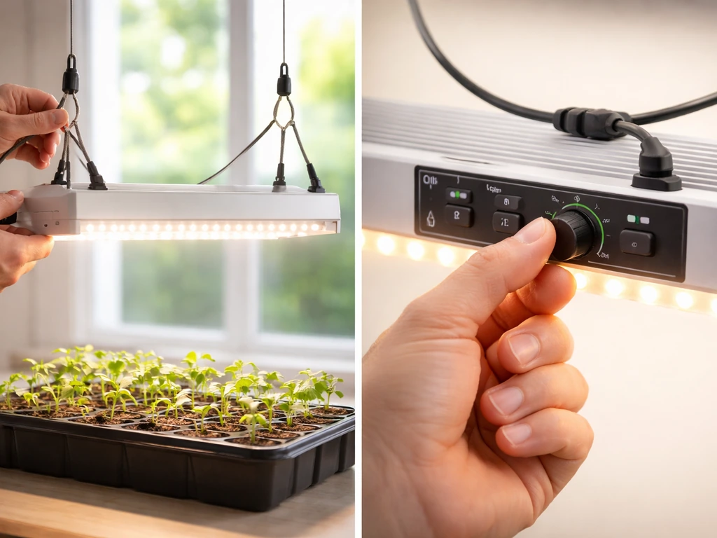 Split-scene of a grow light overhead seedlings and its dimmer/timer controls being adjusted.