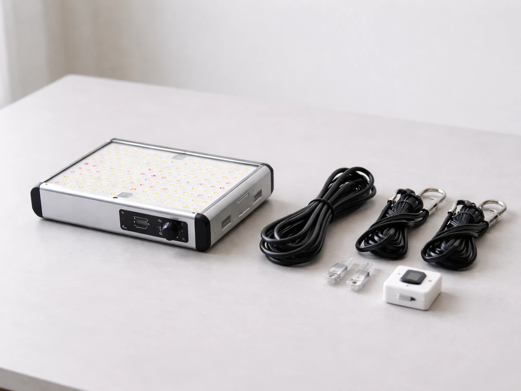 LED grow light and hanging hardware laid out on a clean surface for an easy box contents check.