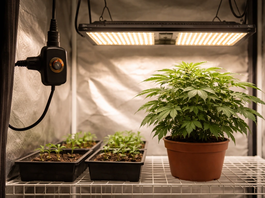 Indoor grow tent with LED lights, a visible dimmer knob, and unlabelled plants from seedlings to bloom.