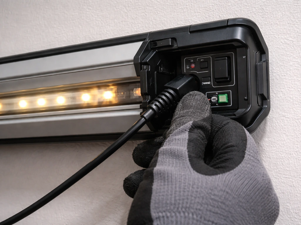Close-up of an LED light with only part of the LEDs glowing dimly while a plug is reseated.