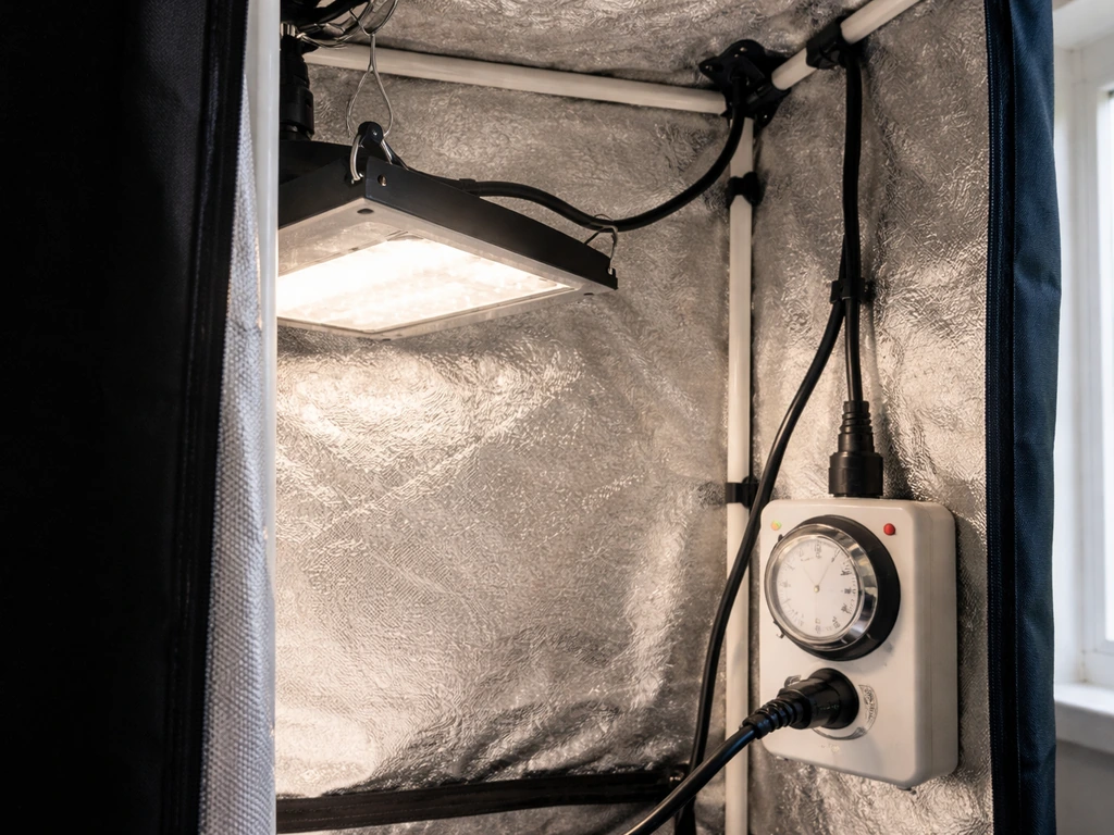 Grow tent grow light with a plug-in grow light timer connected to its power cord