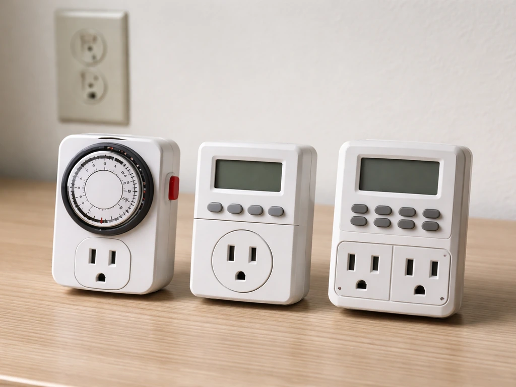 Side-by-side photo of three grow light timers: mechanical dial, basic digital, and dual-outlet digital.