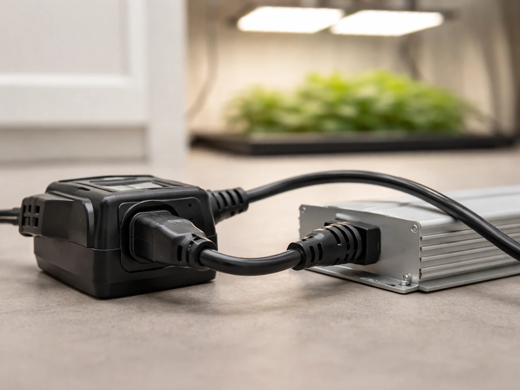 AC plug inserted into an outdoor-rated timer powering an LED grow light driver input.