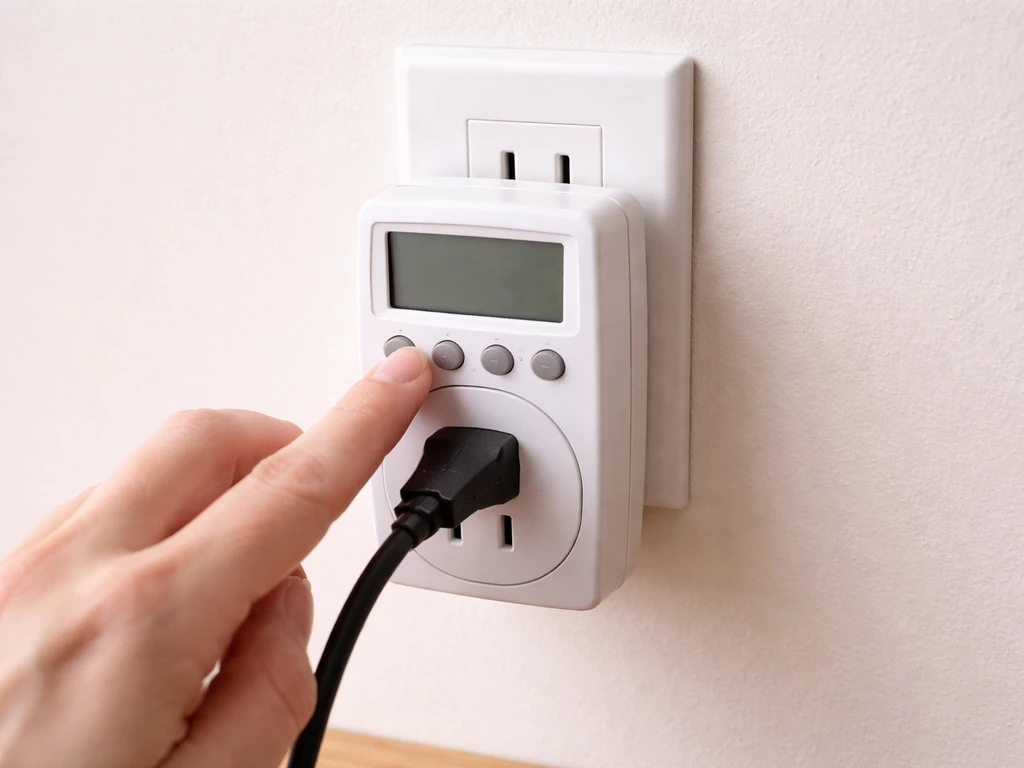 Hand pressing program buttons on a digital grow light timer plugged into an outlet