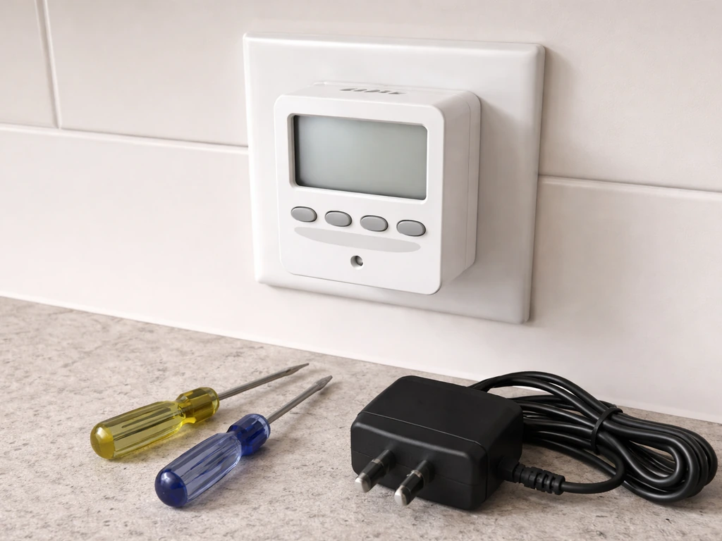 Lit but blank digital light timer beside a wall outlet, with tools and a power adapter suggesting a reset.