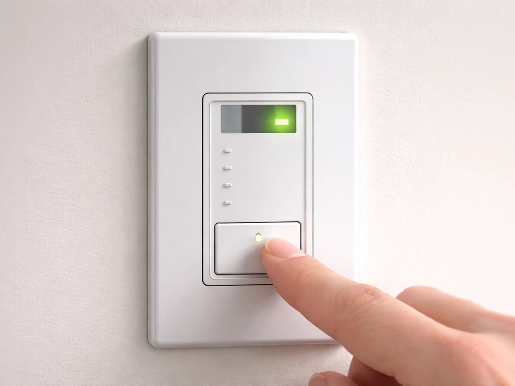 Close-up of a wall light timer with manual ON/OFF pressed and an AUTO indicator glowing.