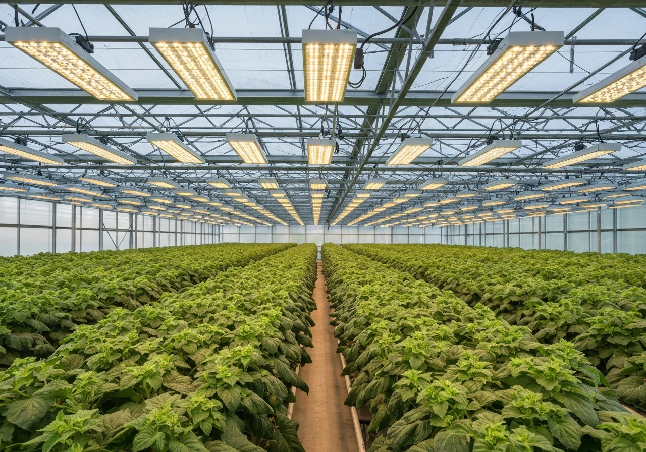 Wide view of a greenhouse with evenly spaced overhead LED grow lights illuminating a lush plant canopy.