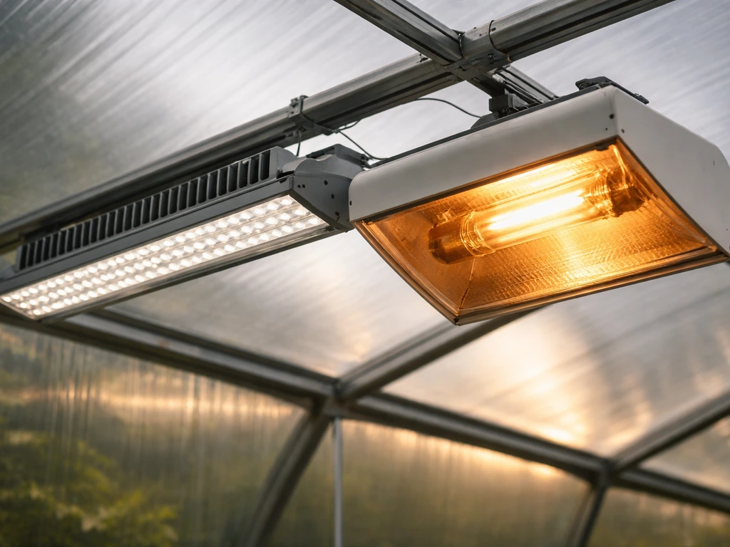 Two greenhouse grow light fixtures, LED and HPS, side-by-side in a minimal greenhouse setting.