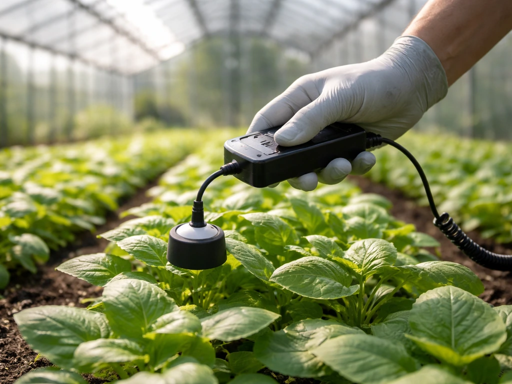 Handheld PPFD light meter taking readings above a greenhouse plant canopy across multiple spots.