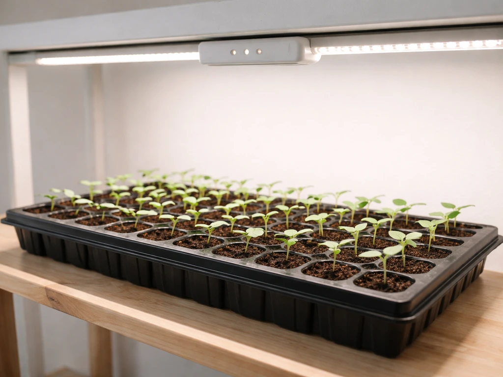 Healthy seedlings in a propagation tray under LED grow lights with a small timer on the light canopy.
