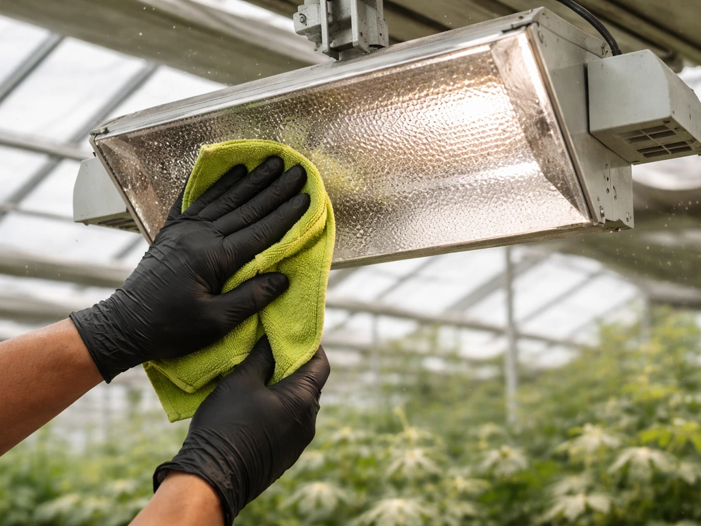 Technician cleaning greenhouse grow light reflector lens with a microfiber cloth amid dust and pollen.